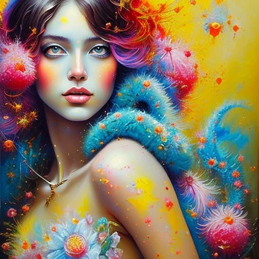 iv_a painting of a young woman, figurative art, an acrylic detailed painting, , brush strokes, paint drips and drabs and splatters by Harumi Hironaka, turquoise pink and yellow, james terrell art, trending on artstation, soft lines,intricate art by bastien lecouffe deharme and greg rutkowski