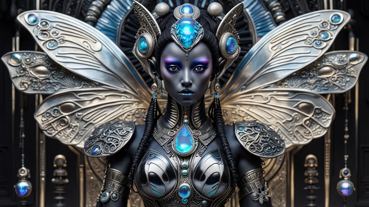 a full body shot of a beautiful menacing prismatic and (iridescent:1.5) (geisha alien:1.5) with perfect gorgeous black alien eyes and adorned with (unique bone carvings:1.5) with futuristic jewelry and pearlescent butterflies filigree, H.R. Giger style, Japanese and alien background, sharp focus, whimsical, fantasycore, aliencore, gothcore, lillies and tropical flora, aliens