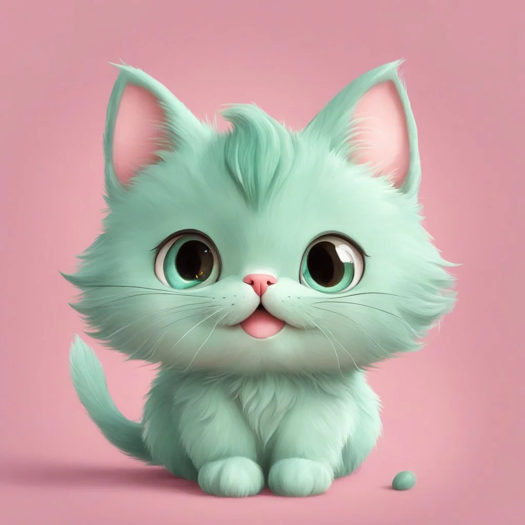 A charming digital art piece showcasing the cuteness of a mint-colored cartoon cat, set against a soft and inviting pink background, (charming digital art:1.4), (cute cartoon cat:1.5), (soft and inviting pink:1.3), (expressive mint hues:1.2), drawing inspiration from the styles of cute and whimsical illustrators, trending on CGSociety, Intricate, Sharp focus, warm lighting, (captivating:1.4), (playful details:1.5), (lush fur details:1.3), Cartoon, Masterful, Captivating, Photorealistic, Ultra-de