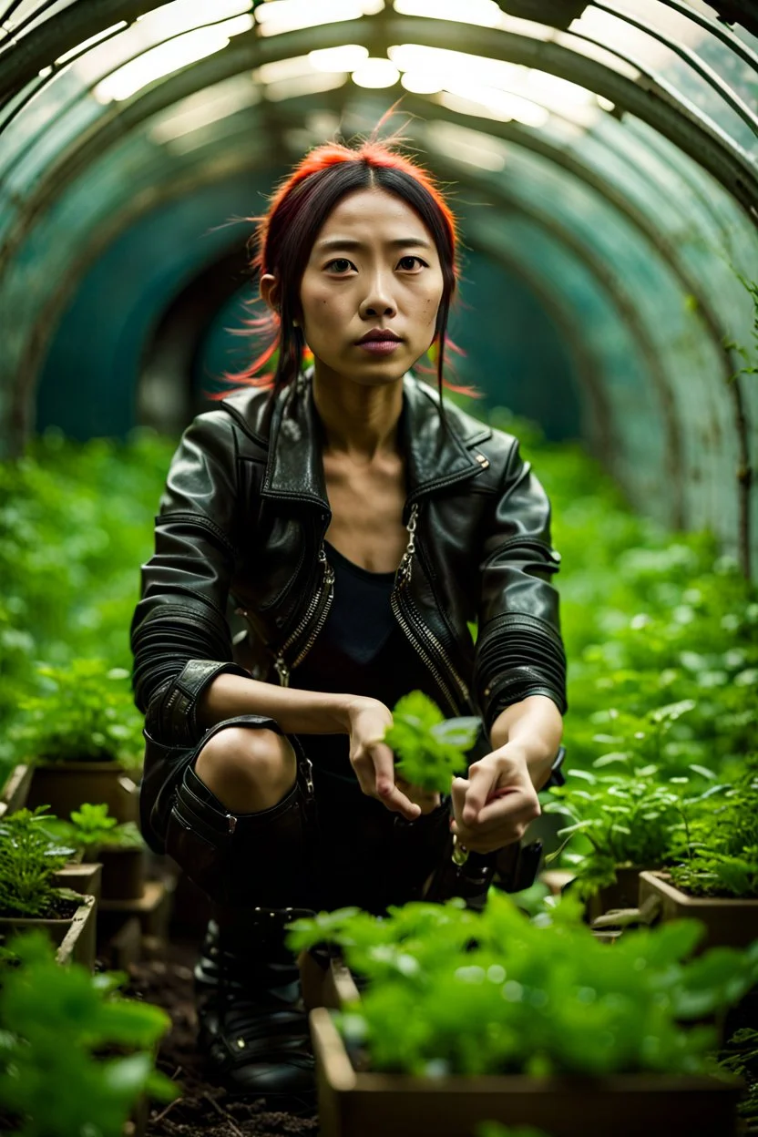 Unground solar punk tunnels, cinematic, dof background a, dystopian, sci-fi, award winning, Yui in a garden, National Geographic, breath taking, oxygen farm