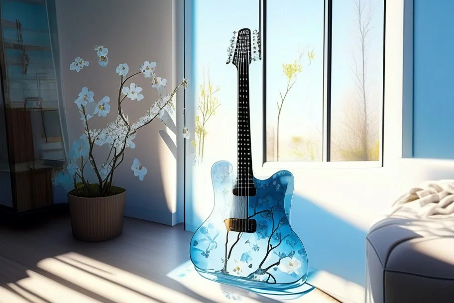 A lovely clear transparent resin guitar with forget-me-not design in a modern room in sunshine