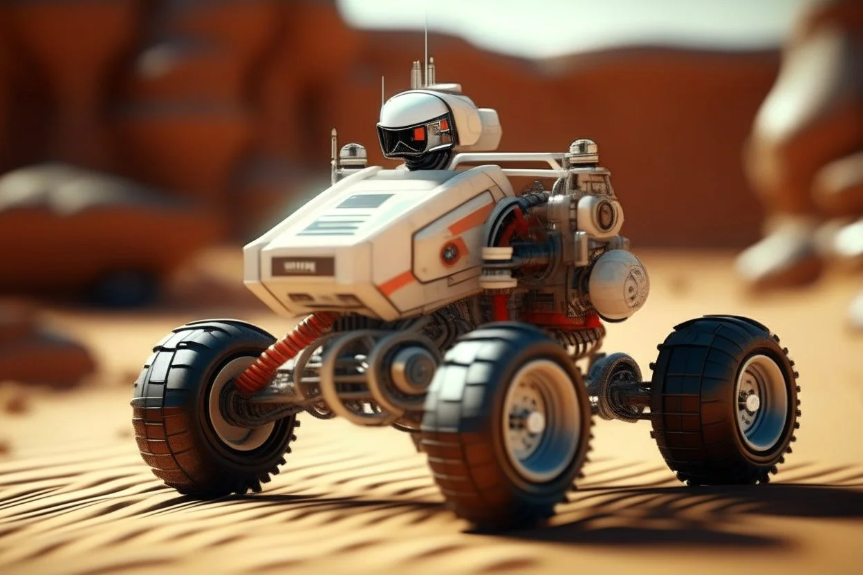 lowpoly storm trooper driving highly symmetric metallic rocket propelled mad max ATV with rounded glass bubble roof in red desert, bokeh like f/0.8, tilt-shift lens 8k, high detail, smooth render, down-light, unreal engine, prize winning