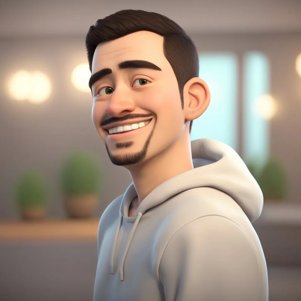 a portrait of smiling young cute western man. caricature. black hair. short buzz cut hair style. light skin. dark eye pupils. small eyes. black thick eyebrow. small short round face shape. a bit small goatee, without moustache. big nose. thick mouth. white sweater hoodie. pixar style. 3D. 4k. portrait. highly detailed. sharp focus. high resolution. full color. cinema lighting