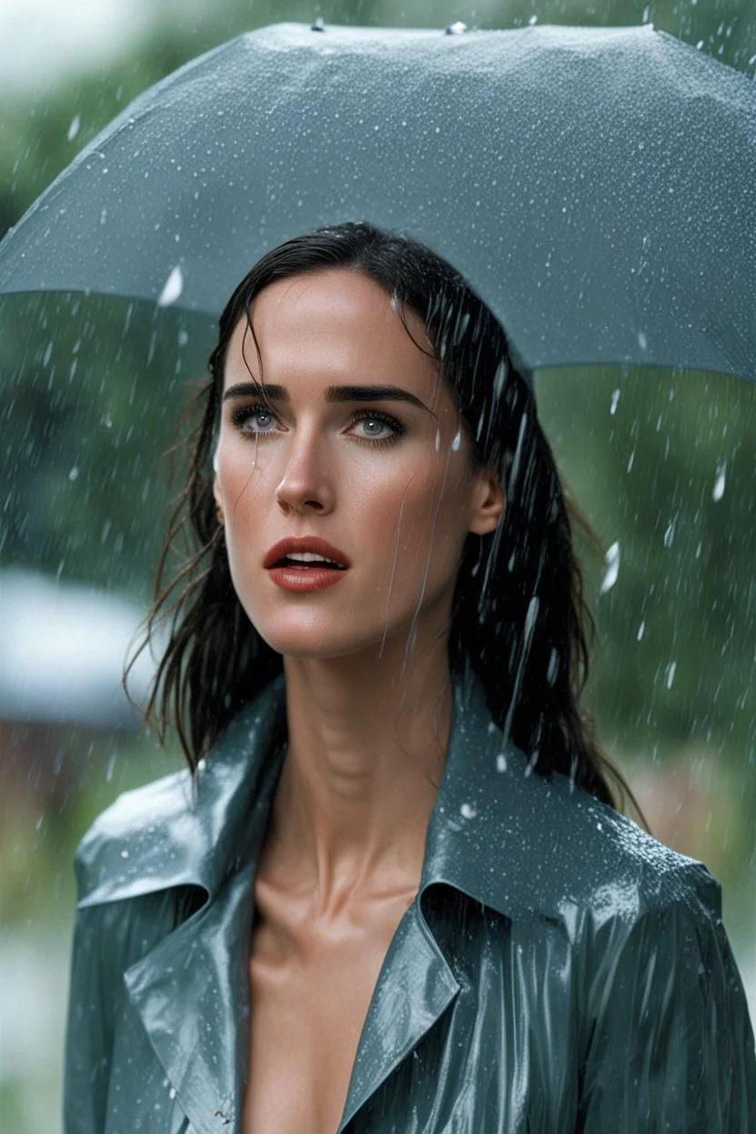 Beautiful 25 year-old Jennifer Connelly standing outside in a rain shower with no rain-coat, umbrella, or hat, with her head tilted up to the sky, her tongue sticking out and catching raindrops