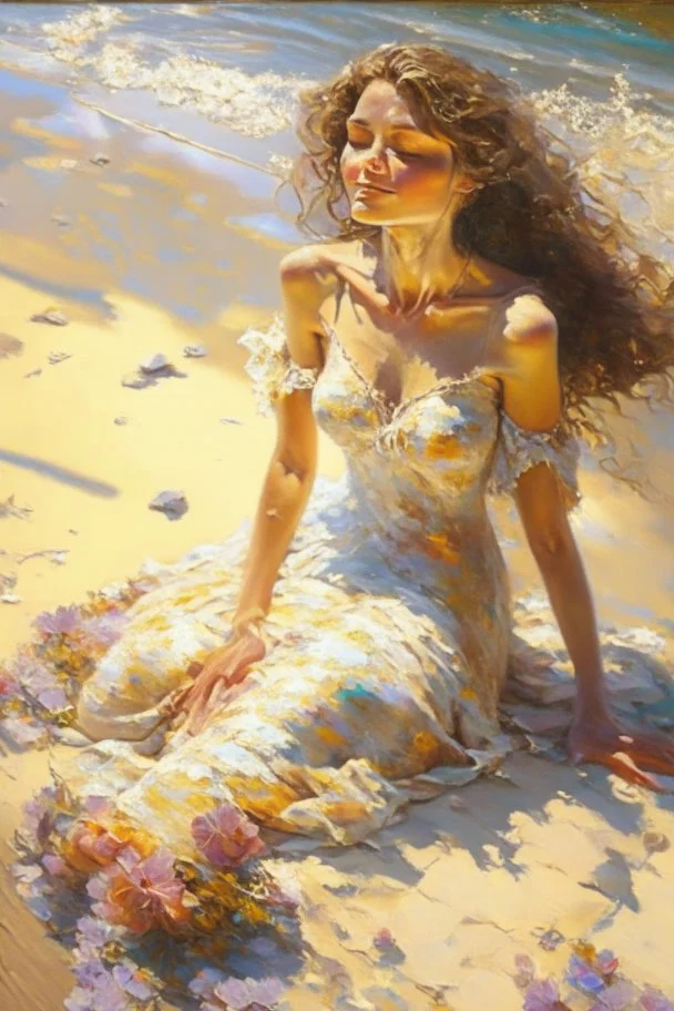 A beautiful happy woman, perfect simmetric face, light brown hair, bare breast and nipples, full body, full figure, lies in the sand next to the sea in romantic floral dress highly detailed intricate pixel art sexy magical sensual Epic patchwork Vicente Romero Redondo in sunshine