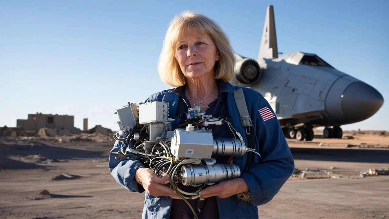 A 60-year-old woman with blond hair, holding an armful of complex electrical equipment, standing in front of a spaceship, with a ruined city in the background.