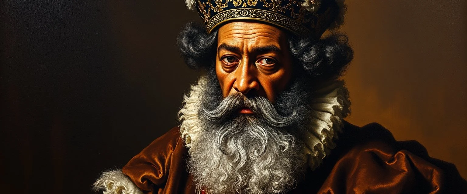 master oil painting by Rembrandt, king charles as a black guy