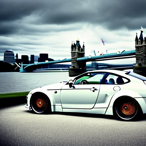 A Tesla's 'Model S Plaid' is parked, in the middle of the 'Tower Bridge', in London. CINEMATIC. WIDE ANGLE LENS.