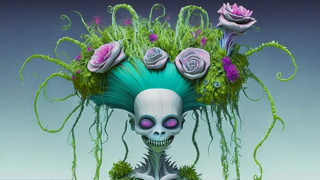 Partially skeletonized troll doll in ceremonial dress for getting married with plants growing from the top of her head; Alex Pardee; surrealism