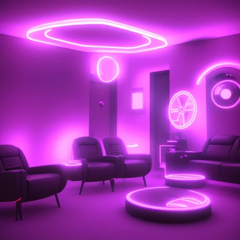 concept of futuristic living room, cyborg sitting, cinema 4d, blender, complex, beautyfull, 8k, neon lights,