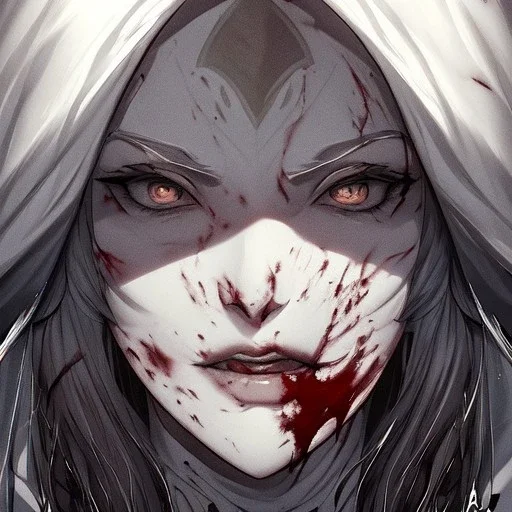 Goodness, Blood splatter, battle wounds, female, portrait, max detail, hd, Long hair, dark souls style, detailed eyes, eye color blue