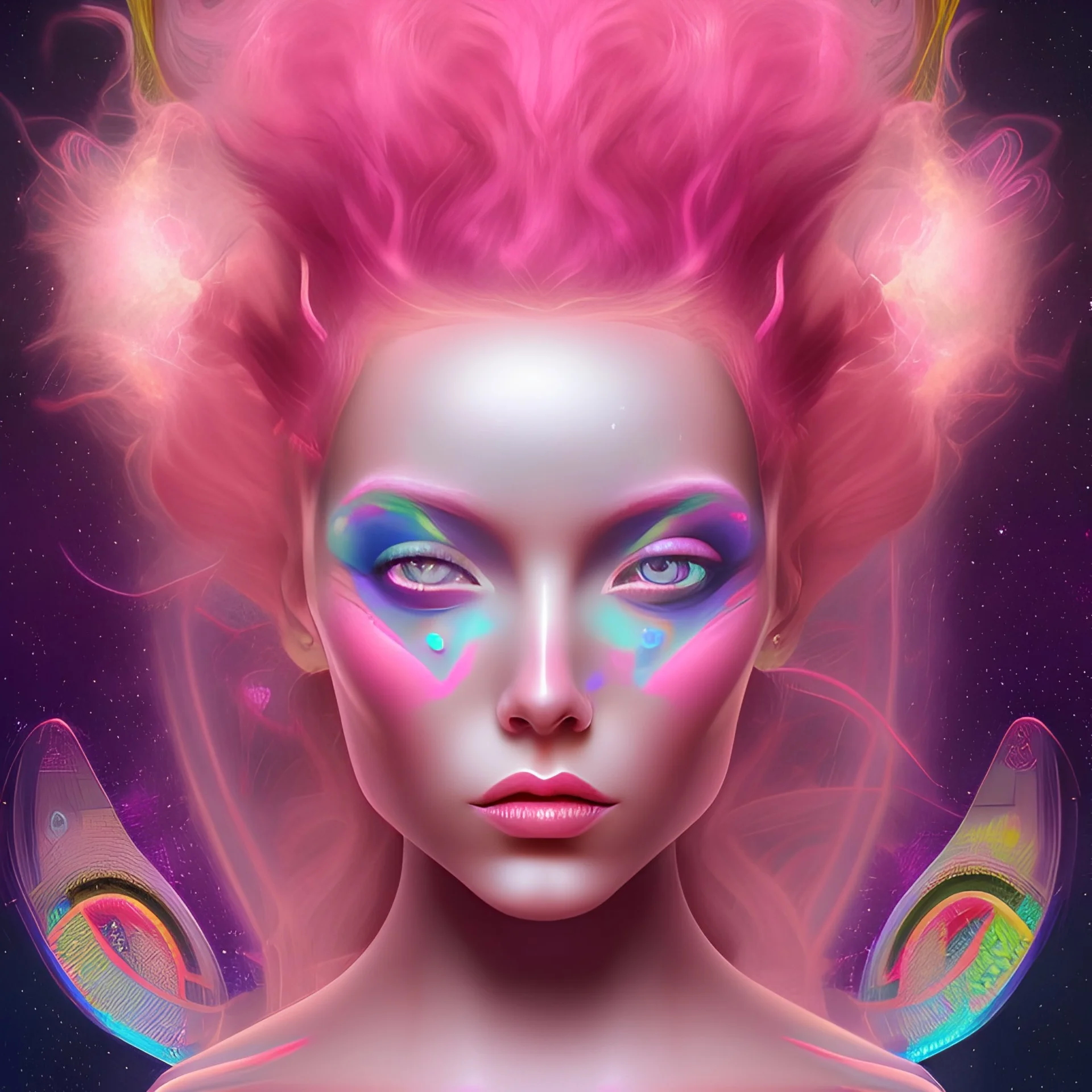 cosmic girl with a third eye in the middle of her forehead and pink hair, detailed, fractal