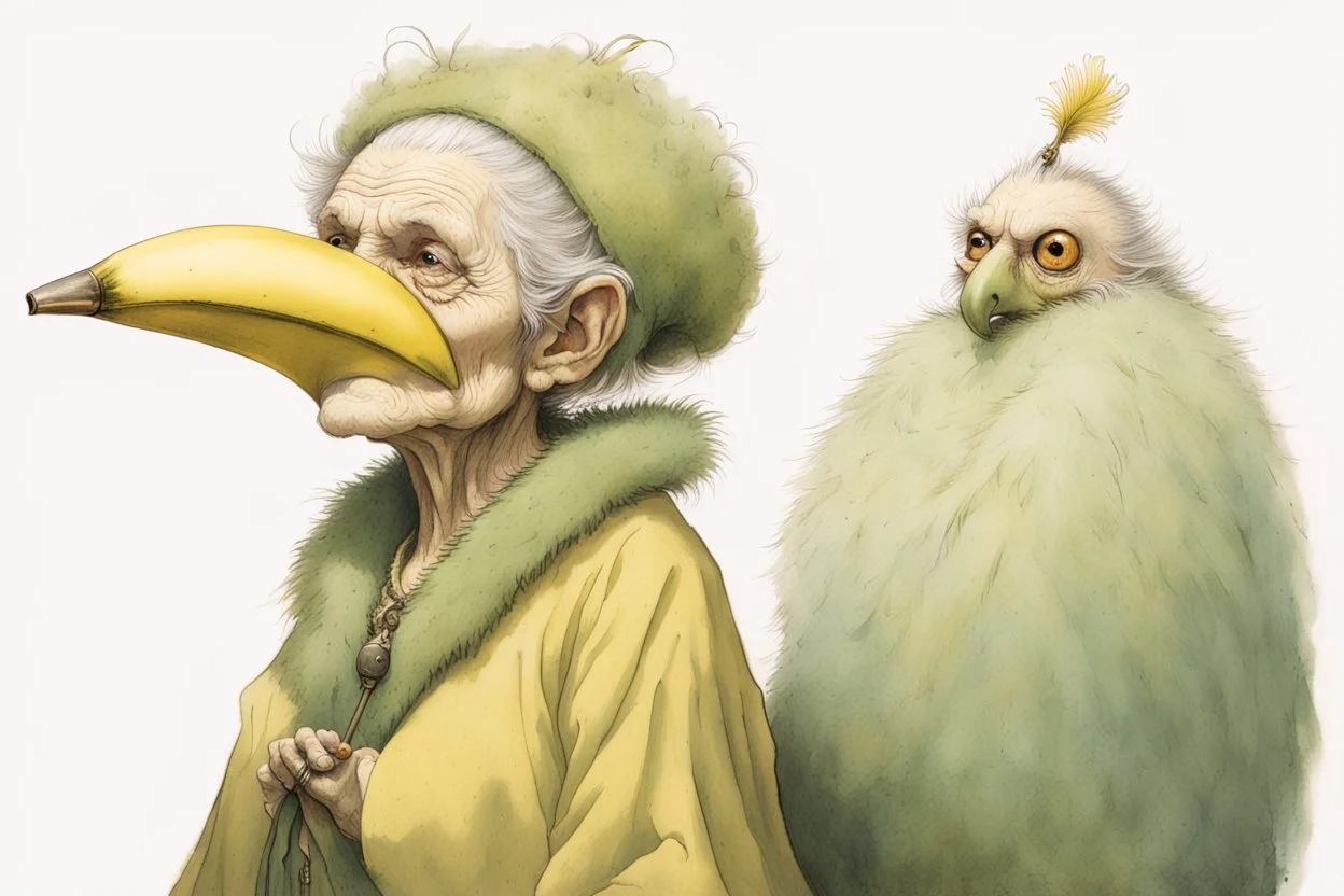 Artist Jean-Baptiste Monge style. A biomorph banana-headed old woman. White eyes. A yellow dotted green furry feathered fluffy dress.