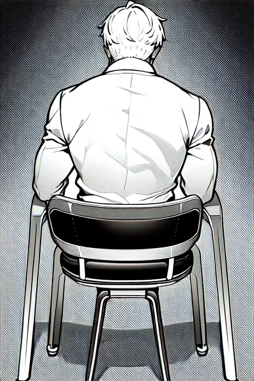 male character sitting on a plastic chair seen from behind, line arts, greyscale