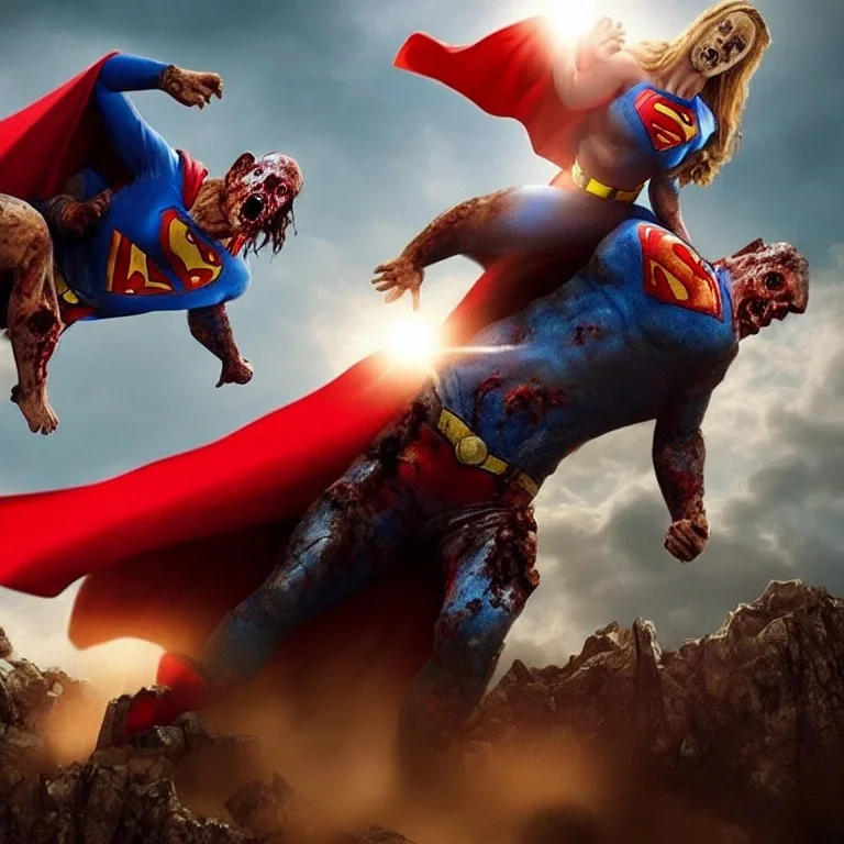 zombies climbing a mountain and a female pig with superman cape on top, realistic, movie style