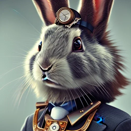 portrait of a steampunk rabbit, extremely detailed, UHD, 8k,The close-up camera effect,sharp focus, perfect position,hyperphotorealistic