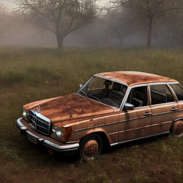 an abandoned 1990 Mercedes rust 2-door overgrown by nature with dust ,ultra realistic,concept, 4k ,on street,8k resolution, high-quality, fine-detail, parked in crowded city winter