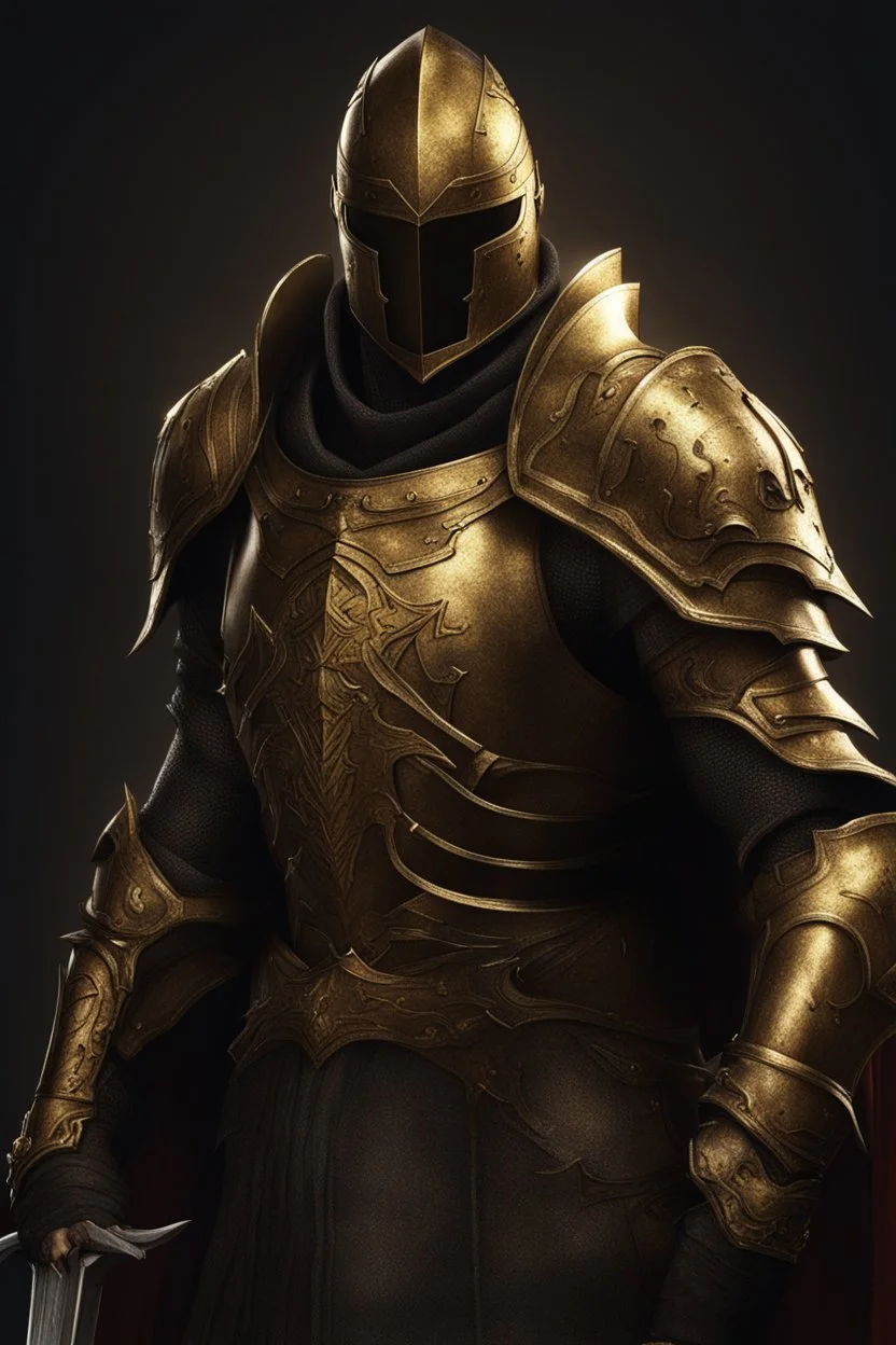 photorealistic holy knight paladin in darkly gold armor and a cape wielding a greatsword in abyss