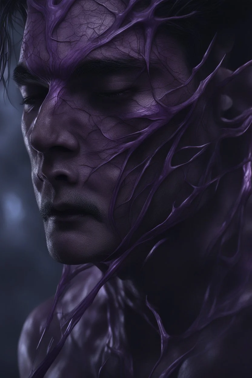 Your poison is running through my veins, close up of purple veins standing out on an Attractive man's face after he got the kiss of death, eyes closed, hyper realistic, anime,gothic, 8k