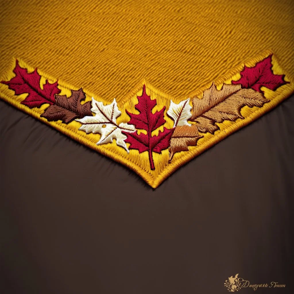 an autumn colored textured cloth embroidered with ornamental leaves and cattle, pointed bottom, on darker textile background, embroidered text across top, western textile art design