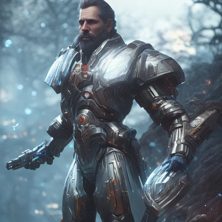 Epic Character design, strong Male galaxy void soldier wearing metal armor with a galactic pattern, mist, photorealistic, octane render, unreal engine 5 style, ultra detailed, volumetric lighting, Dark Alien planet, 25 year old man with helmet and beard