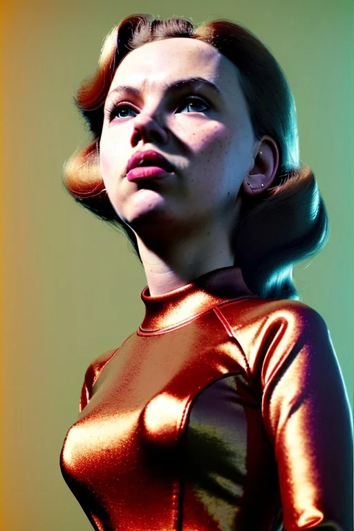 retro portrait image from 1960, New York explosion, long hair, young Scarlett Johansson, classic black tight lycra suit, weapon metal sticks, gold bracelet and belt, high heel boots, soft color, highly detailed, unreal engine 5, ray tracing, RTX, lumen lighting, ultra detail, volumetric lighting, 3d, finely drawn, high definition, high resolution.