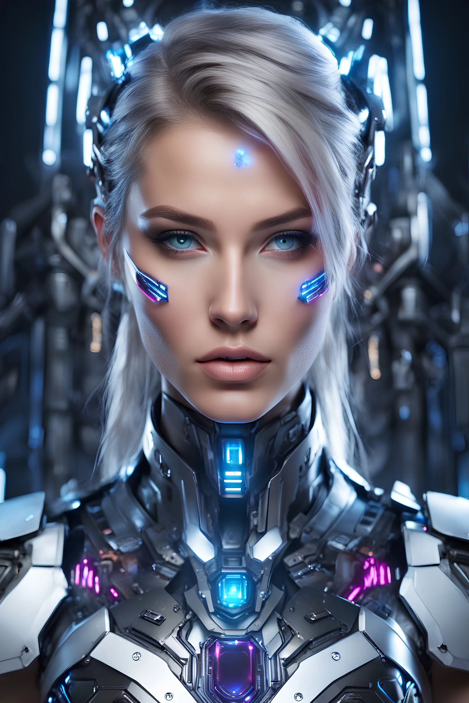 Photography Realistic super model Beautiful European woman as Dj player with body mecha|full armor|organ|mystery|runes|neon|light, imbalances, mutations, anomalies, natural beauty, sound system