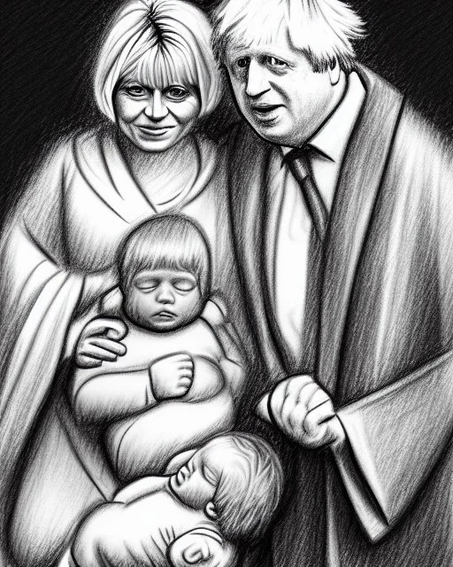 Boris Johnson and Liz Truss as a nativity scene with baby Jesus pencil and charcoal sketch