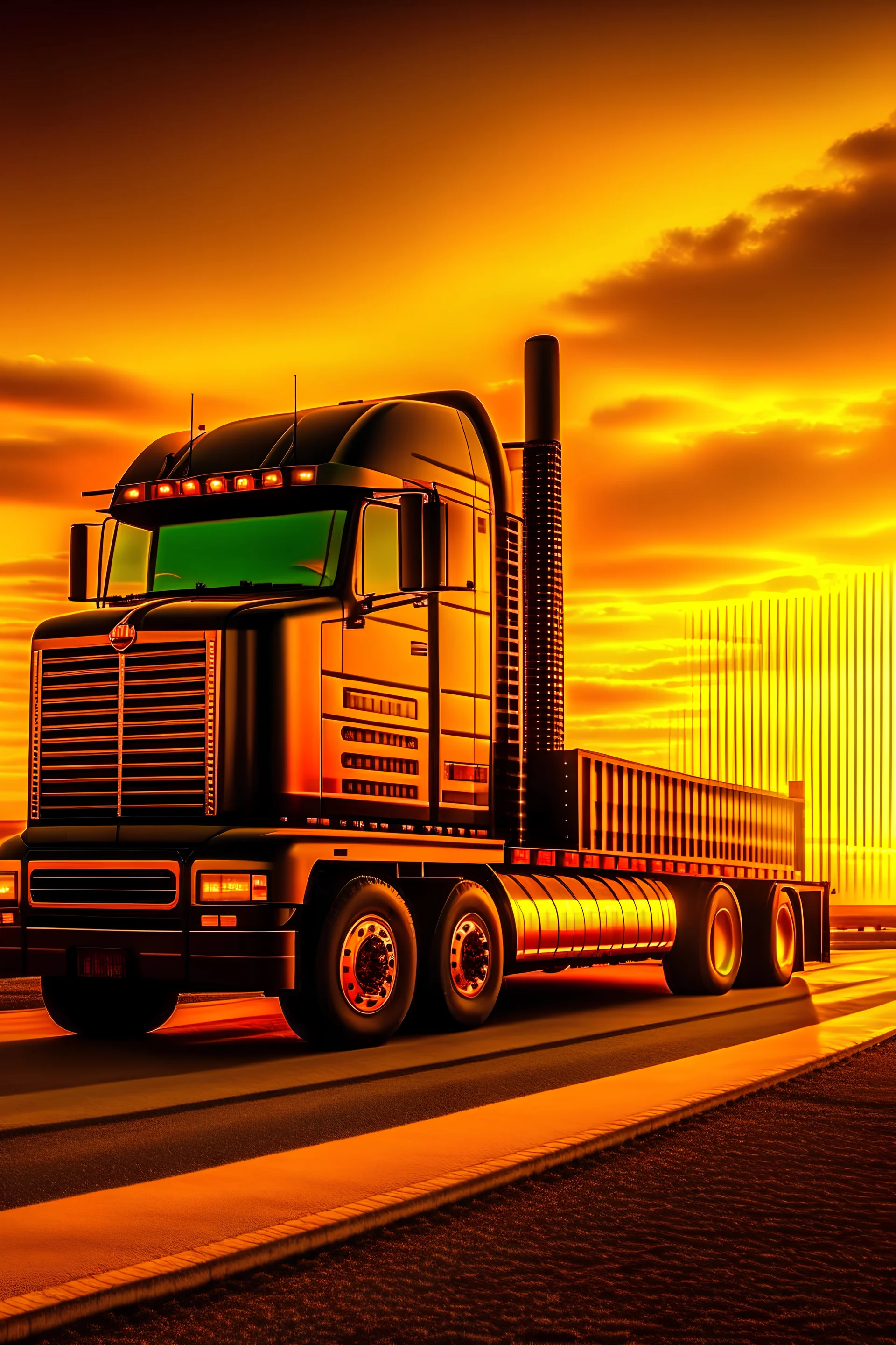 Step deck trailer with Peter built truck. Black and gol. Futuristic. Background sunset