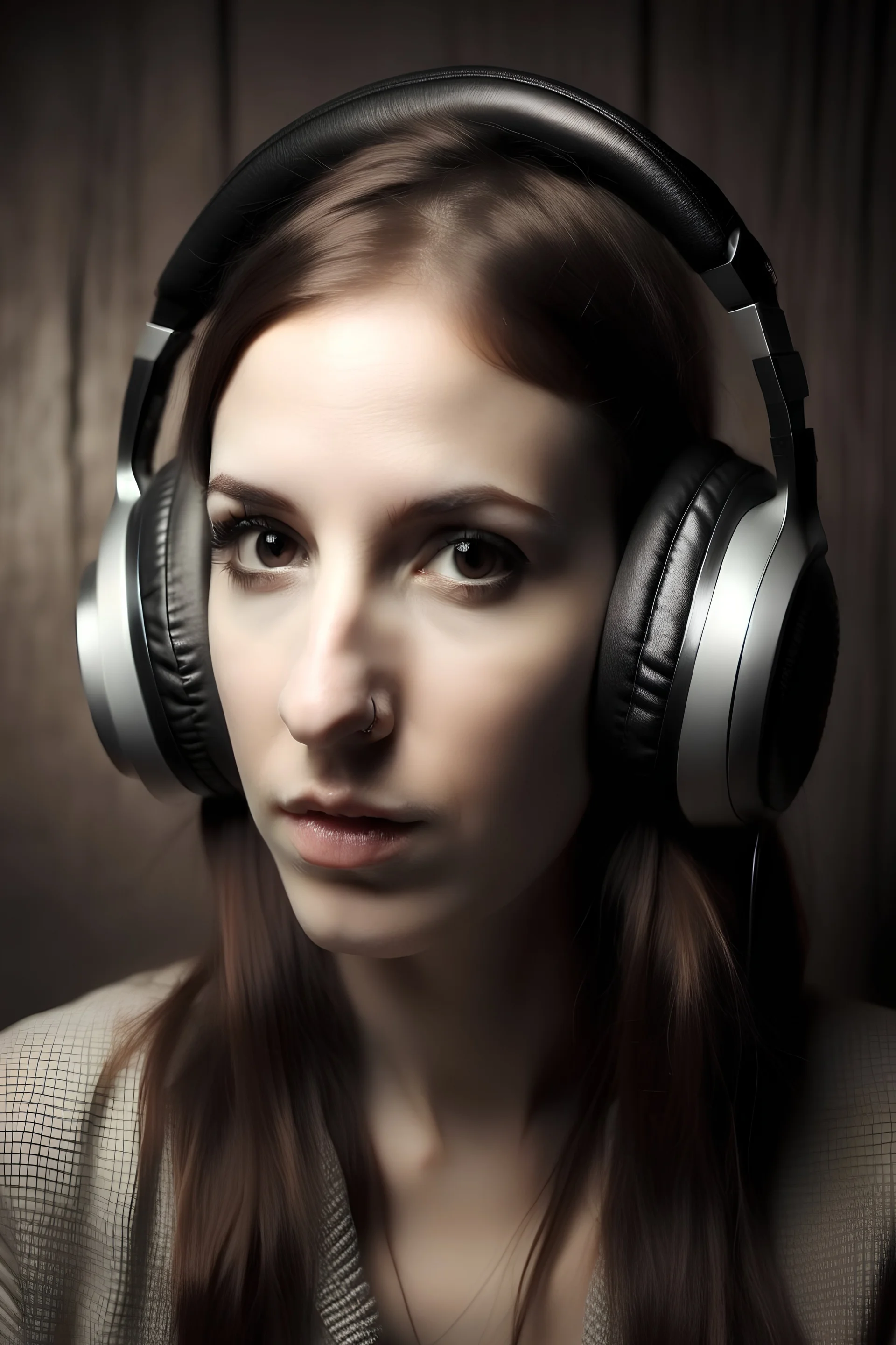 young woman with big nose and headphones