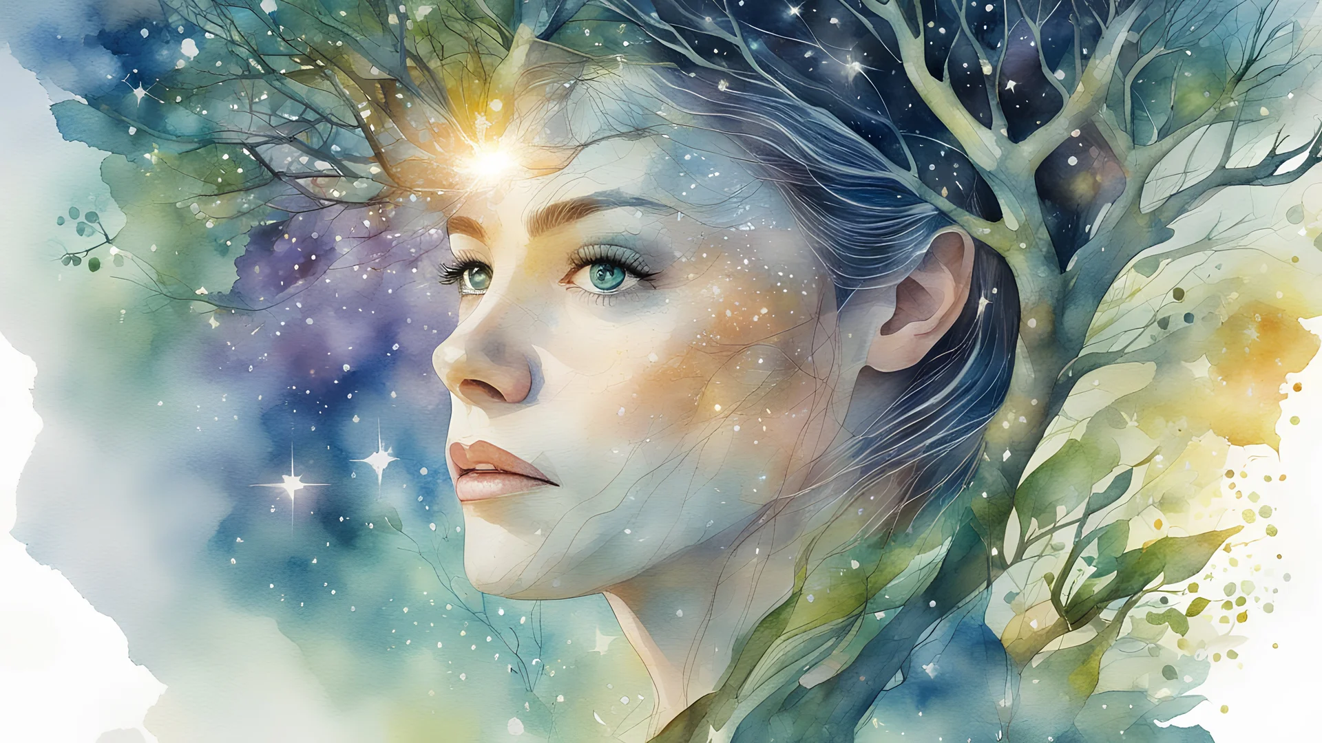 watercolor, woman - tree, glare, sparkles, clear lines, detail, fine drawing, high resolution, 64K, photorealism, precise focus, double exposure, fantasy,