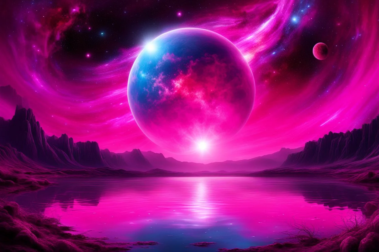 fushsia sky, planet in the sky, lake, sci-fi, mountains, galactic cosmic influence