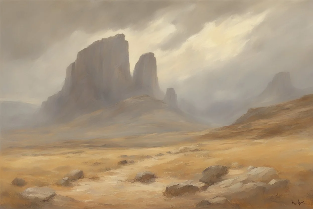 cloudy grey day, arid rocky land, few distant cliffs, philosophic and trascendent influence, unforgettable landscape, dry weeds, videgame landscapes influence, epic, one person, distant mountains, rodolphe wytsman, jenny montigny, and friedrich eckenfelder impressionism paintings