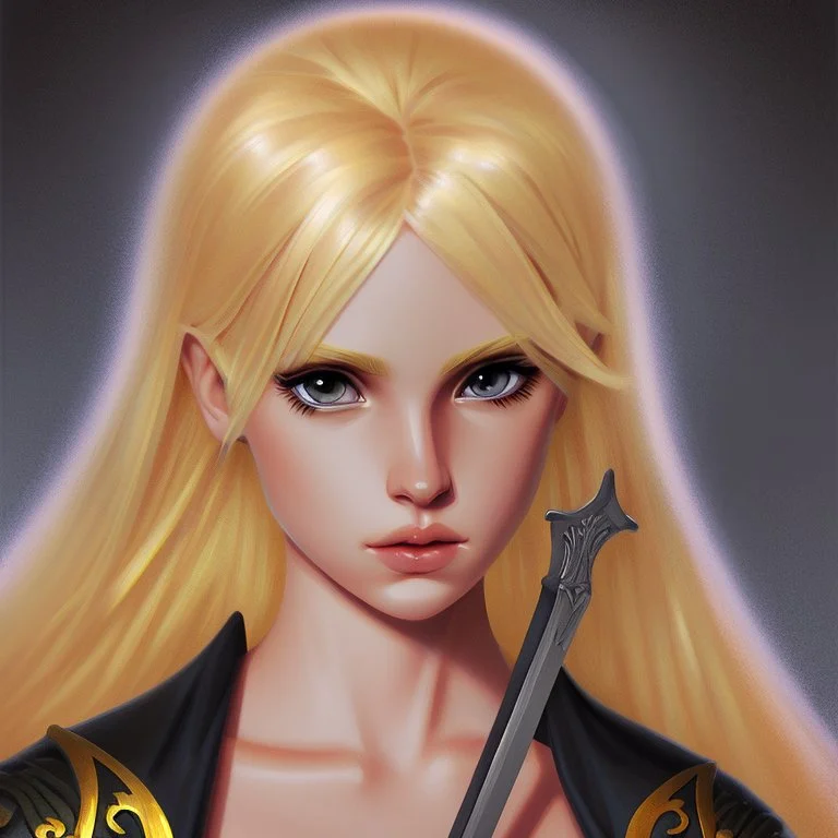 Portrait of beautiful blonde woman with a sword