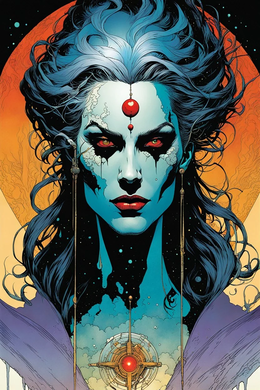 create an ethereal, otherworldly female Ravnos ancient antediluvian vampire shape shifter , in the comic book art style of Mike Mignola, Bill Sienkiewicz, and Jean Giraud Moebius, with highly detailed feminine facial features , finely inked , dramatic natural lighting