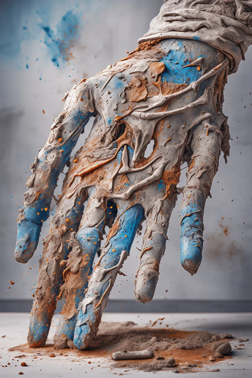A big hand of a giant human textured with white powder and muddy skin with cracks and corrosion