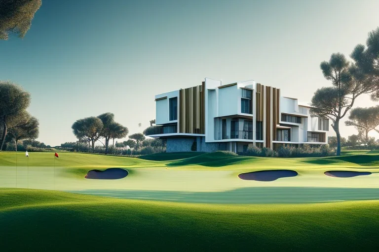 Day in algarve, a modern luxury villas architecture building WITH STRAIGHT LINES AND CANNOPY, white render and wood stripe vertical elements with gold metallic details, overlooking the golf course, hyper realistic 8k ultra render