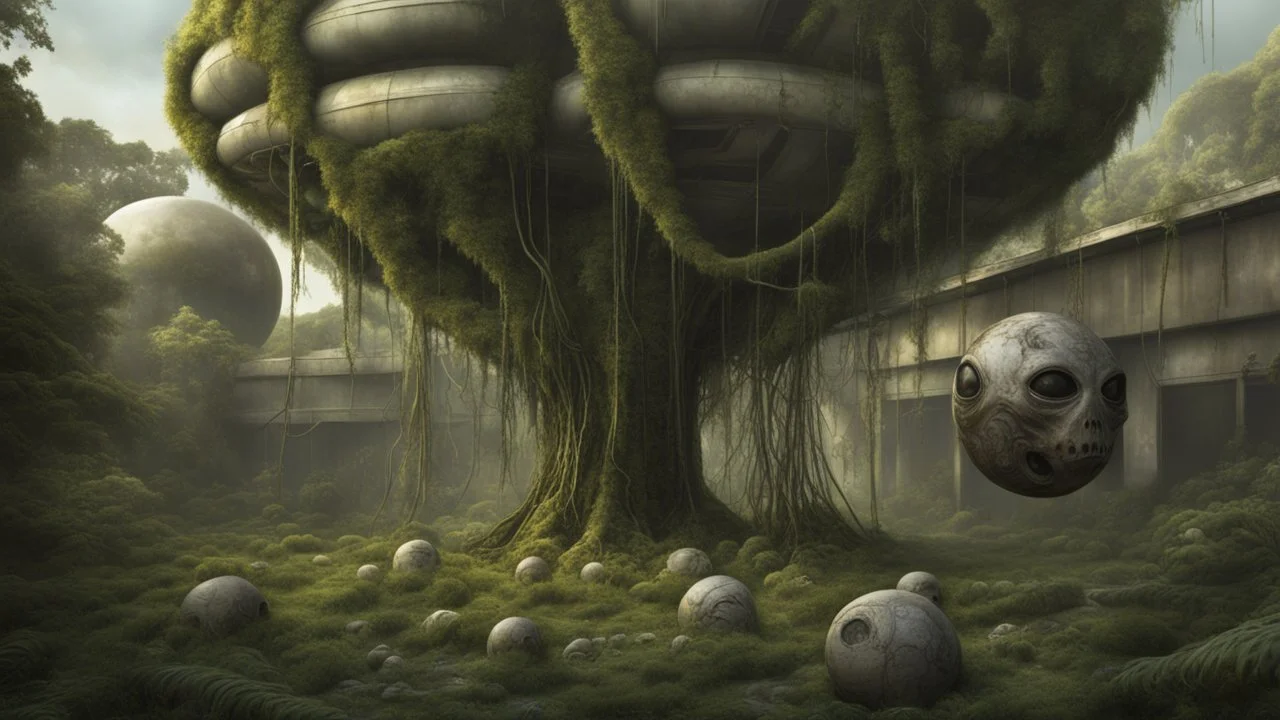 floating alien balls with tentacles, rampant foliage, vines, Spanish moss, next to a derelict alien building, photorealistic, surreal detail