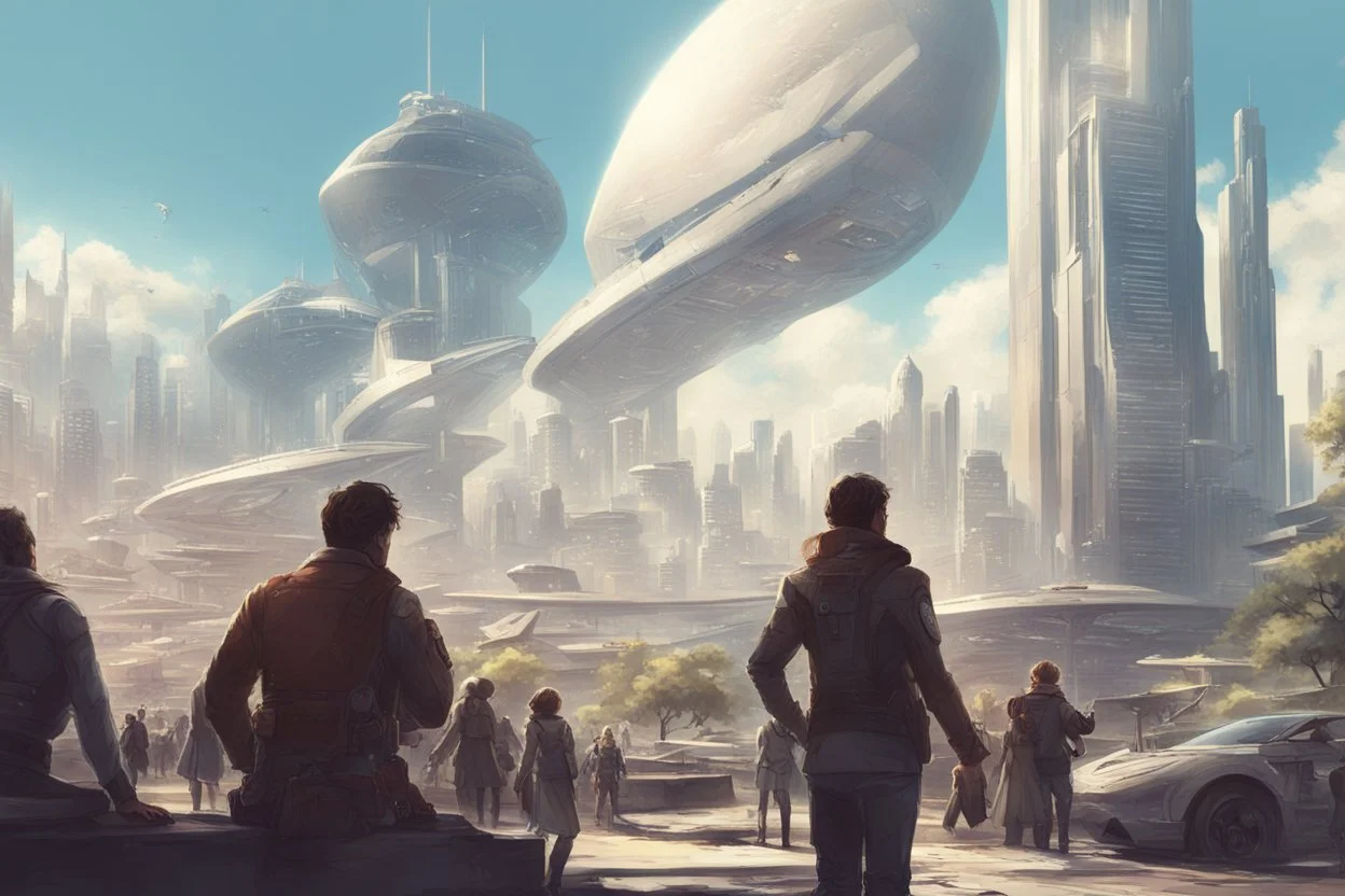 sunny day, city, sci-fi, people, epic