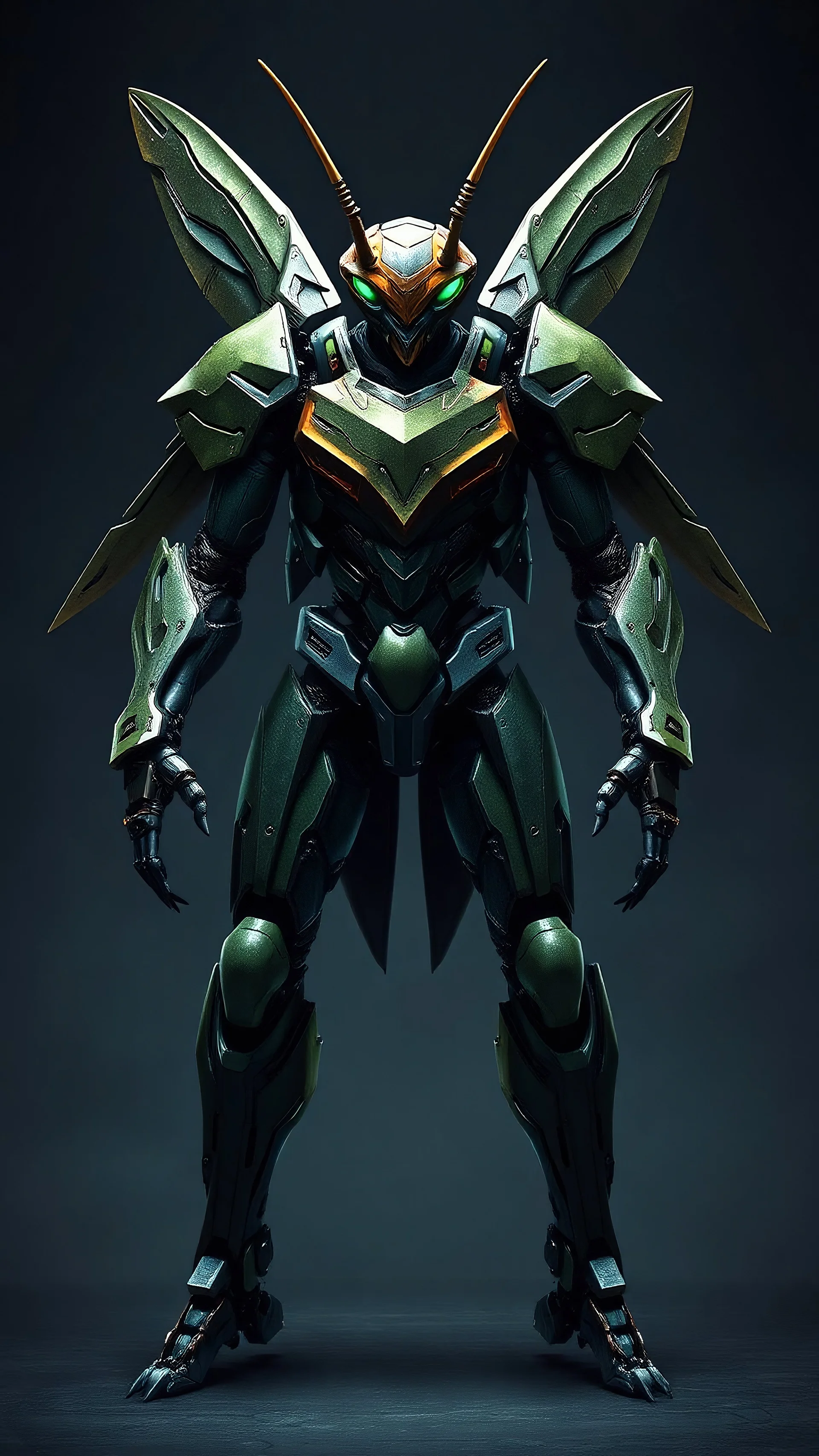 A full-body depiction of a humanoid warrior clad in menacing mecha-beast mantis armor, standing tall in a dark, abyssal background. The sleek exosuit mirrors the sharp, angular design of a praying mantis—blade-like shoulder plates, segmented armor limbs, and chitinous green plating fused with interlocking cybernetic joints. Its helmet bears mandible-like extensions and glowing emerald eyes, evoking the focused stare of a predator. Along its back, twin folding appendages mimic mantis wings in har