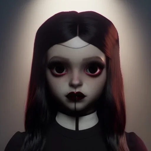 Jenna ortega black dress,soft goth libstick, wednesday addams make up, dramatic lighting, highly detailed, volumetric lighting, unreal engine, 8k