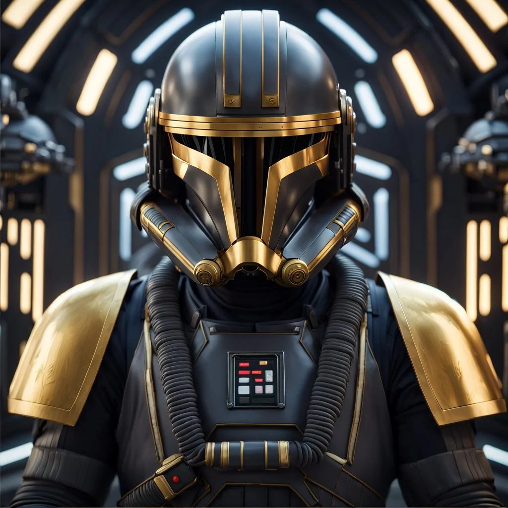 star wars bald male corellian pilot wearing gunmetal grey and black First Order TIE pilot armored flightsuit and helmet with gold trim inside the jedi temple, centered head and shoulders portrait, hyperdetailed, dynamic lighting, hyperdetailed background, 8k resolution, volumetric lighting, light skin, fully symmetric details