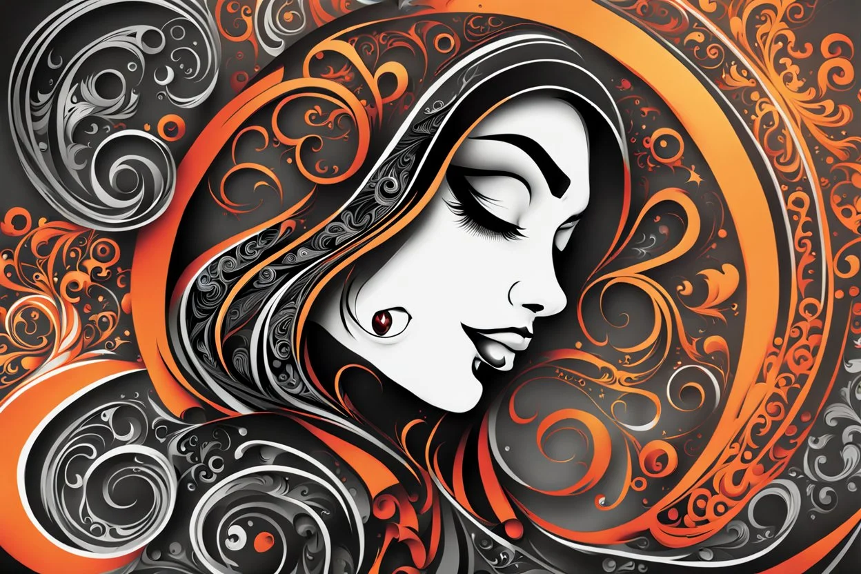 a stylized abstract illustration of a goth punk vampire girl from calligraphic letters, flourishes, and swirls , finely drawn and inked, in classic Arabic calligraphy, 4k, hyper detailed in the style of EL SEED and vibrantly colored in the style of GUSTAV KLIMT