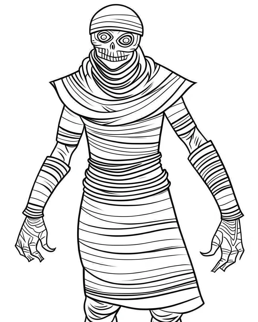 outline art for halloween coloring pages for kids with mummy , white background, Sketch style, full body, only use outline, clean line art, white background, no shadows and clear and well outlined, coloring page for kids,