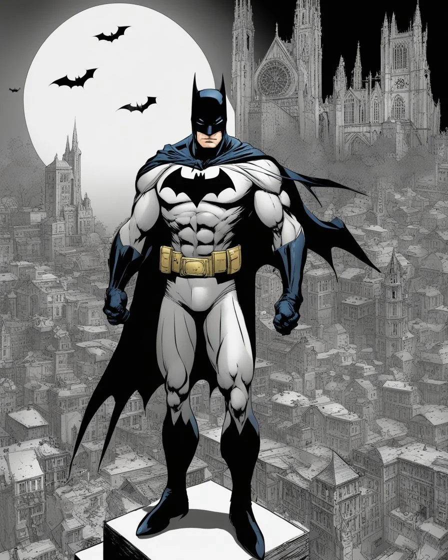 Batman cómic in gothic city. Black, white, blue and yellow colors.