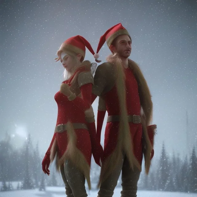 two elves. woman and man. Christmas scene. photorealistic. low-key