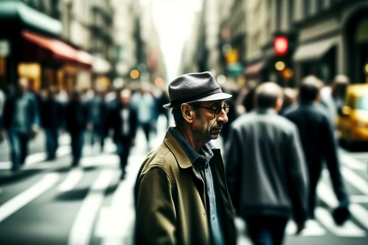 persona en la calle. Fotografía realizada con cámara Leica y objetivo de 35 mm. Fotografía realista y en color. Fondo desenfocado