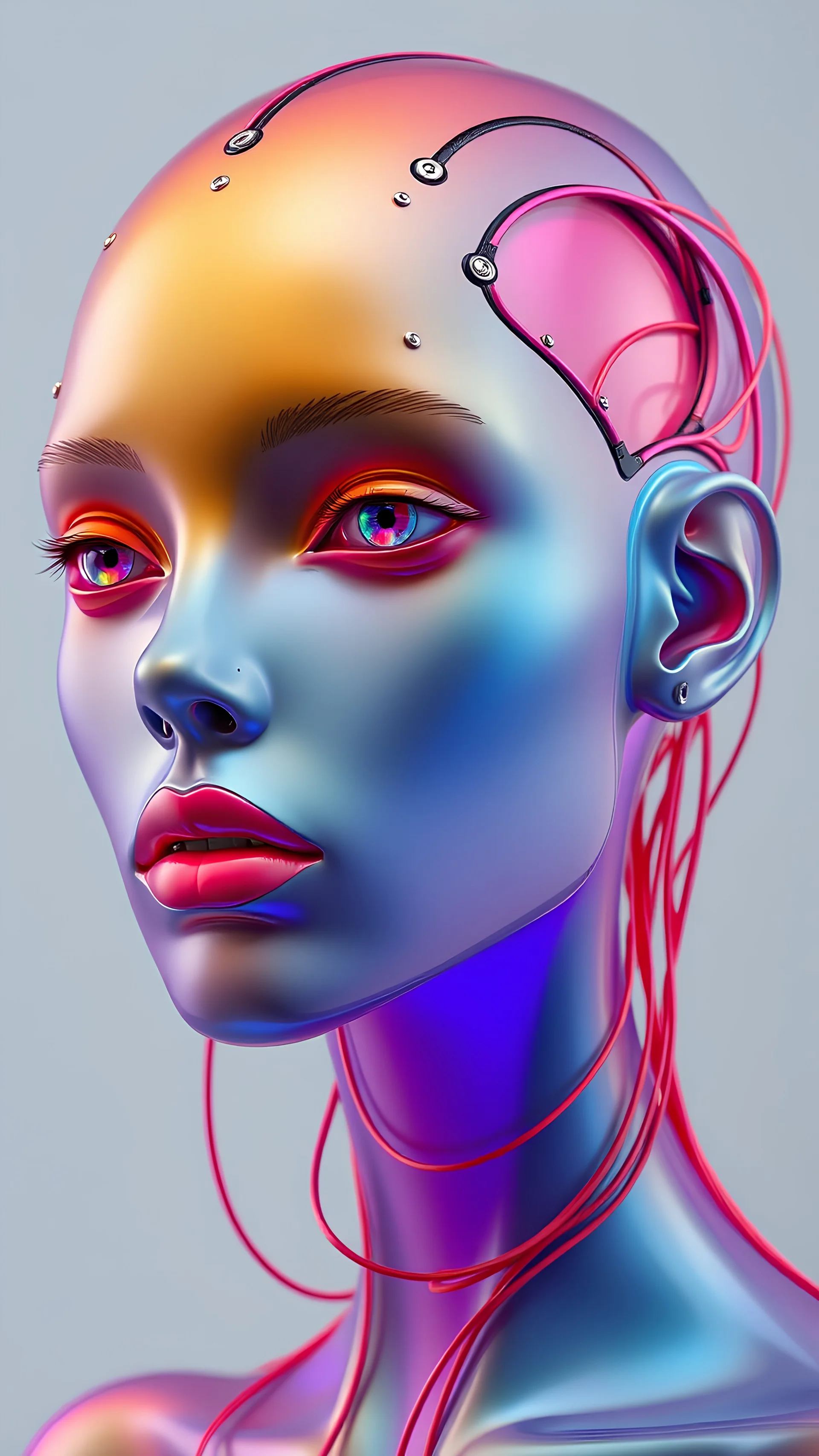 iseneld + abstract biomechanic humanoid portrait made of matte transparent rubber, smooth carbon fibre skin, circuits and sinuous wires, liquid shapes + vibrant color palette, biomorphic, minimalism, surrealism, dither + artstation