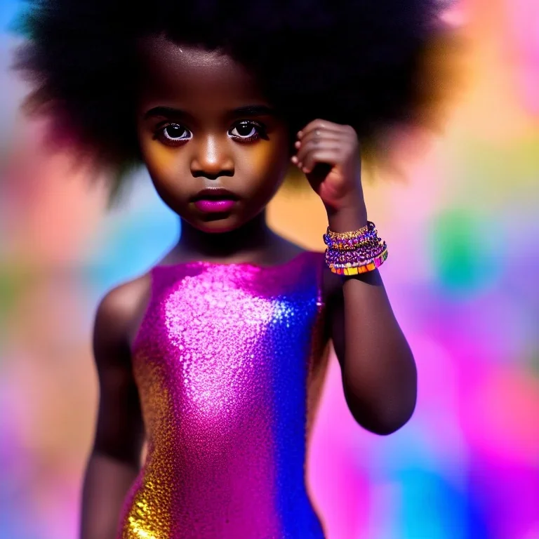 full body shot, masterpiece, best quality, child, dark skinned, sparkling eyes, fluorescent skin, colorful makeup, afro, highly detailed body, sun light, 4K, RAW, depth of field, high contrast, realistic details, 24mm