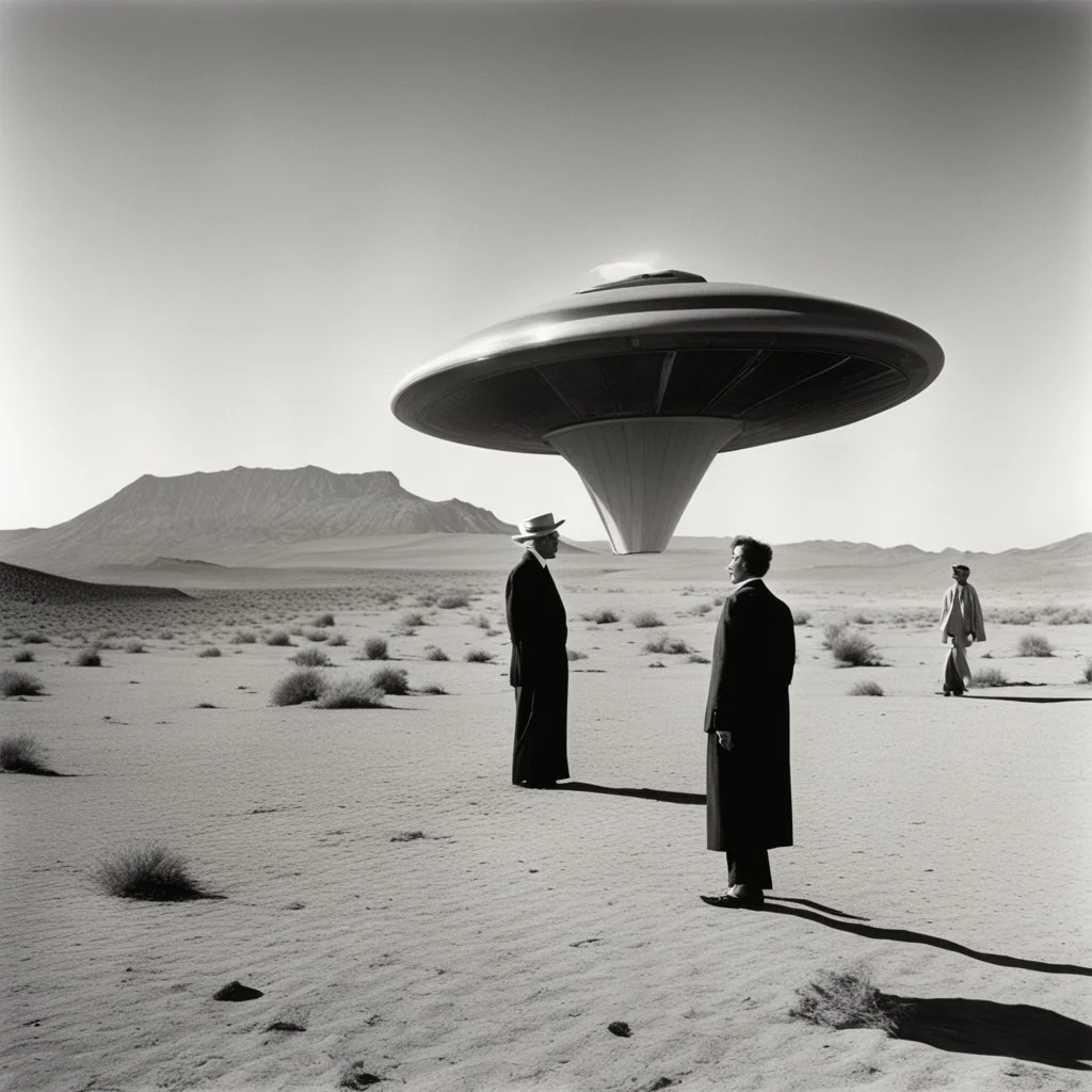 Archival photograph of aliens landing at Area 51 and meeting Orson Welles in jaunty desert garb